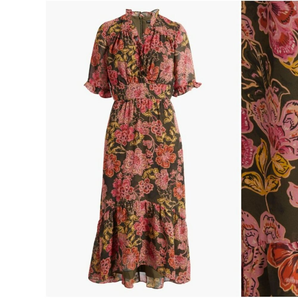 Maggy London Floral Romantic Cottagecore Ruffle Faux Wrap Midi Dress Pink 22W